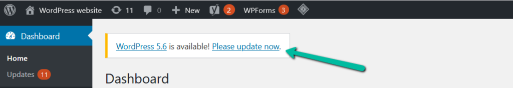 A green arrow points to Please update now within WordPress. 