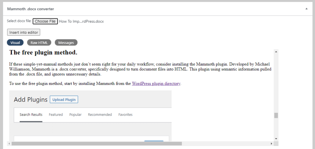 Screenshot of importing a Google document to WordPress via Mammoth plugin