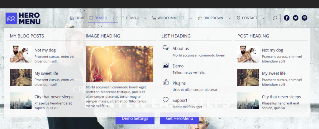 The settings in Hero Menu for WordPress are listed.