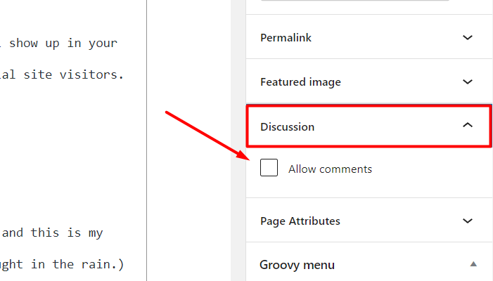 The Discussion settings inside the WordPress post editor