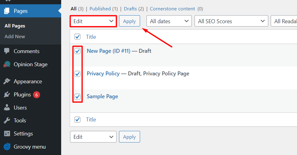 Edit page settings in WordPress