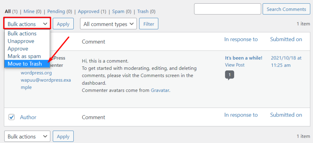 The Move to Trash option is indicated in the Discussion editor