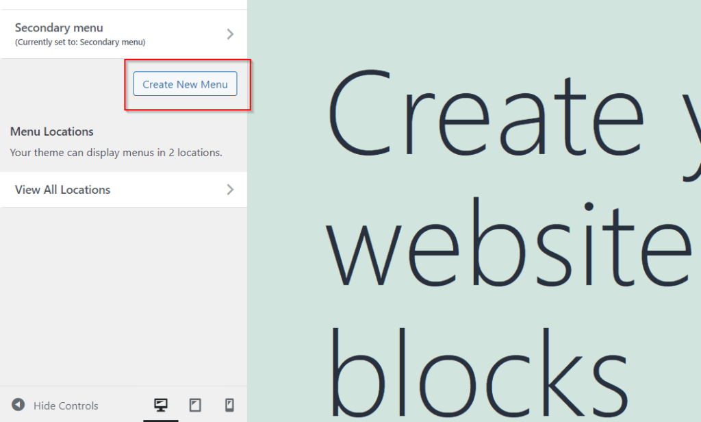 A red square indicates the Create New Menu button within WordPress customizer. 