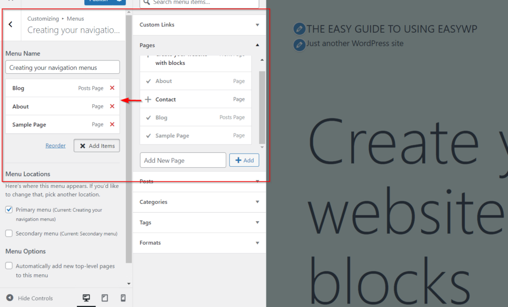 A red square indicates the Menu Name Edit field within WordPress customizer. 