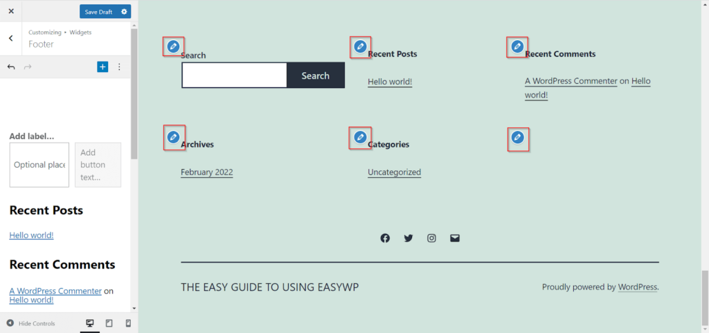 A red square indicates the Edit Widget Buttons within WordPress customizer.
