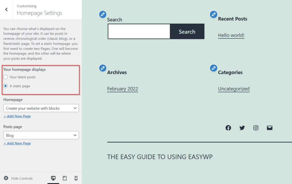 A red square indicates the Static Page choice within WordPress customizer. 