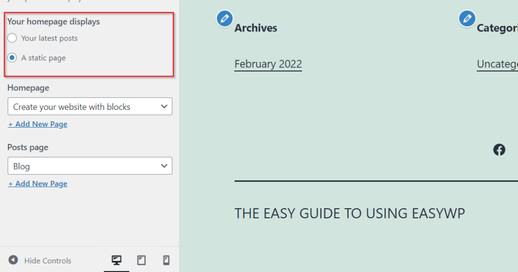 A red square indicates the Homepage Display choice field within WordPress customizer. 