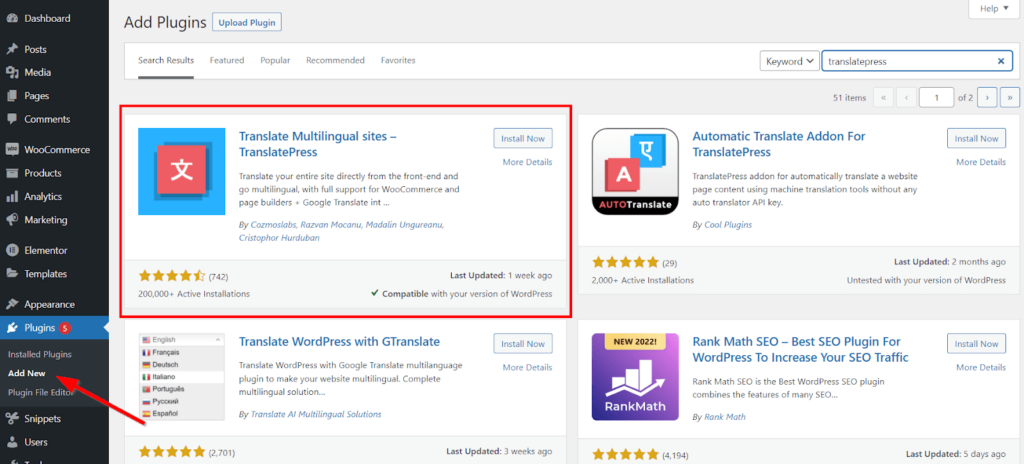 Screenshot of TranslatePress  being added in WordPress