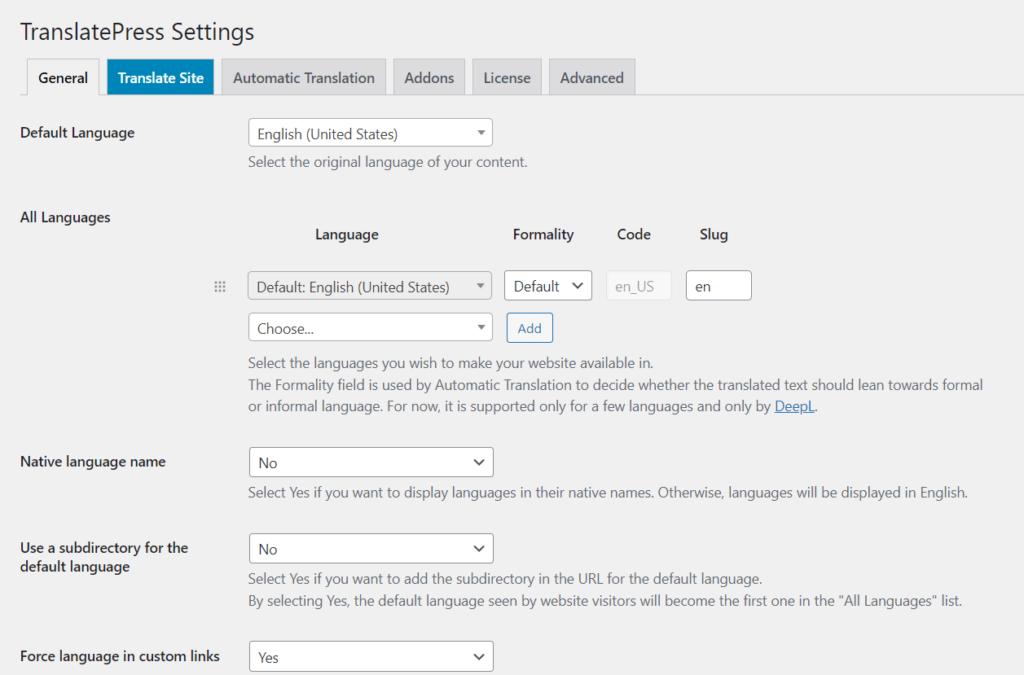 Example of the TranslatePress plugin settings