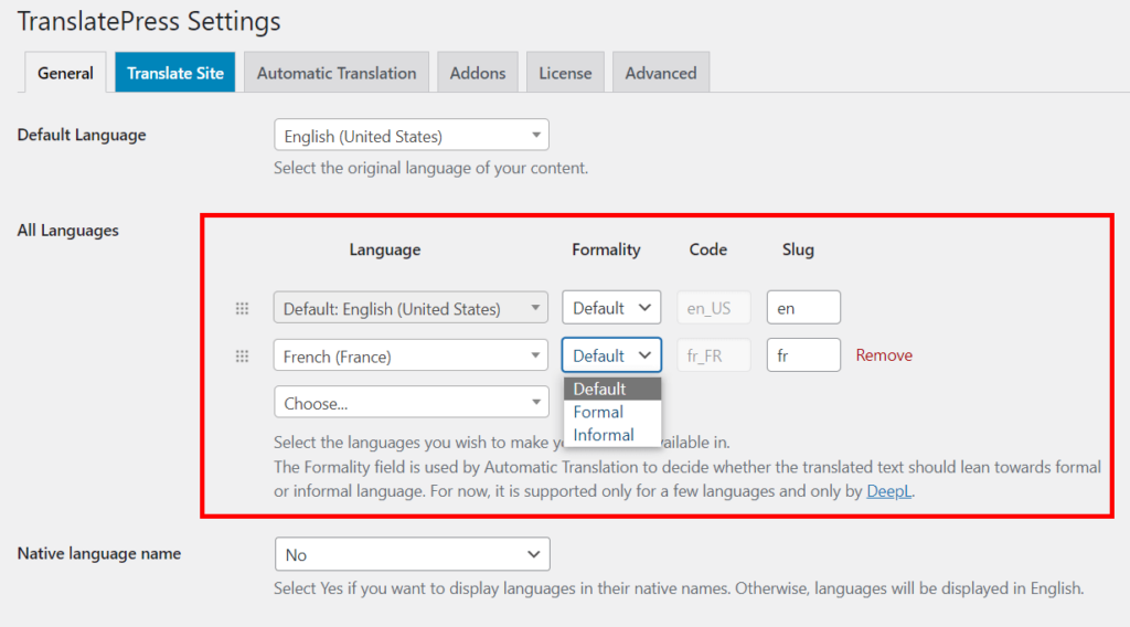 The language settings within the TranslatePress plugin