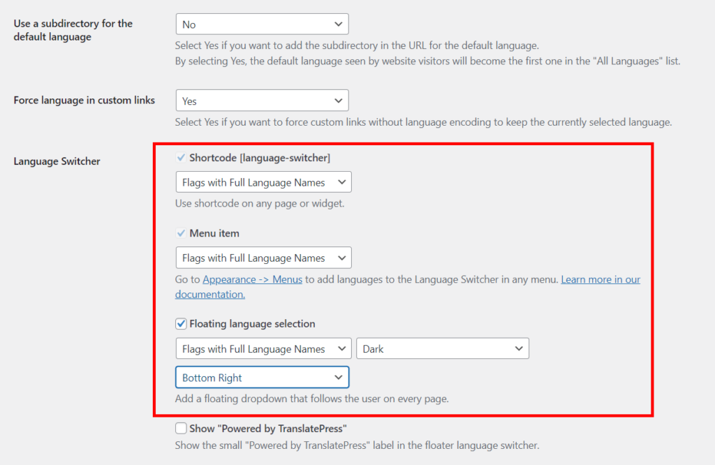 Screenshot of the Language switcher tool in TranslatePress