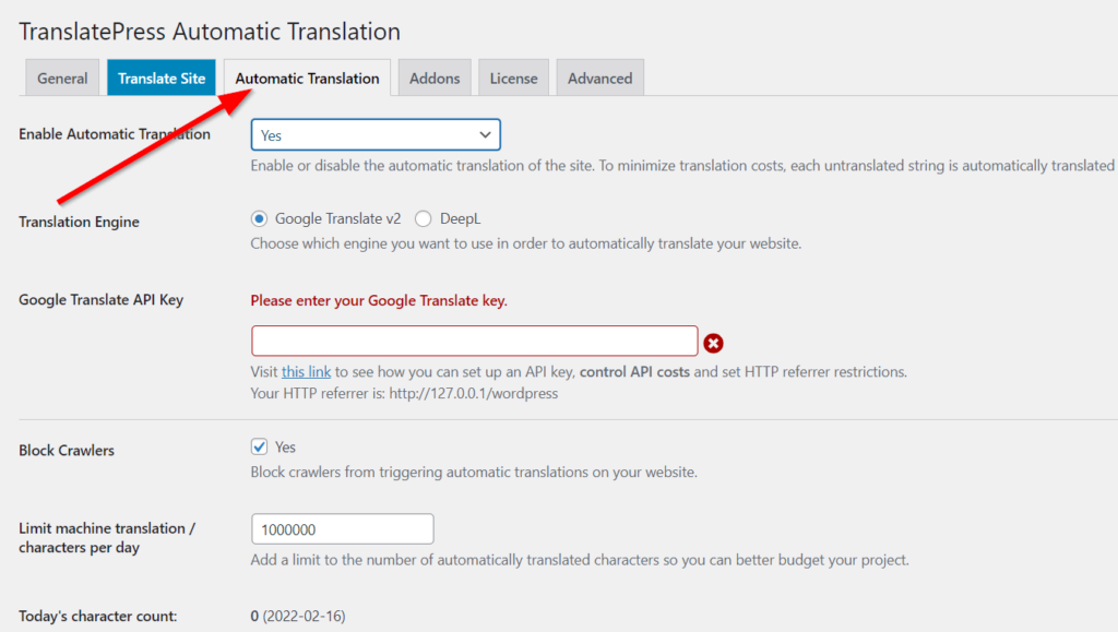 Red arrow points to the Automatic Translation tab