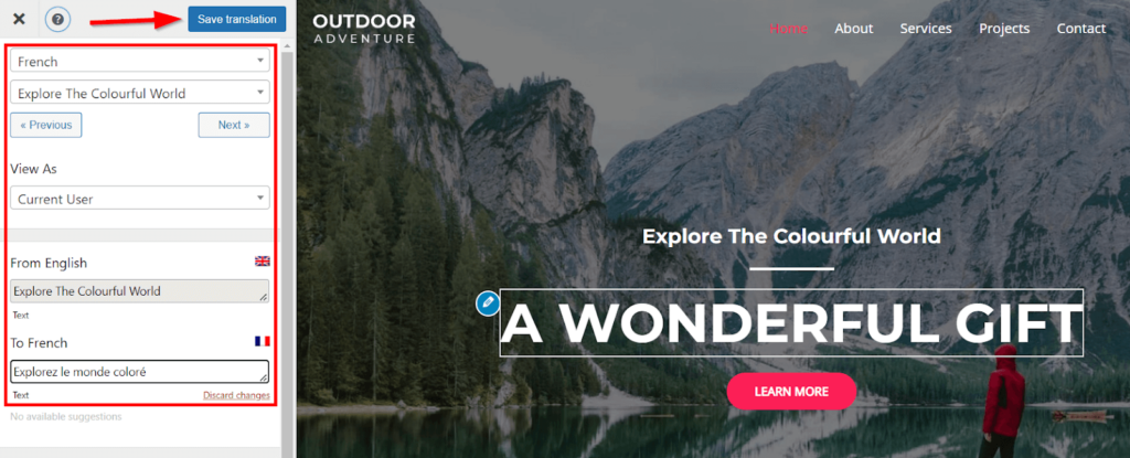 Red arrow points to the Save Translation button in WordPress