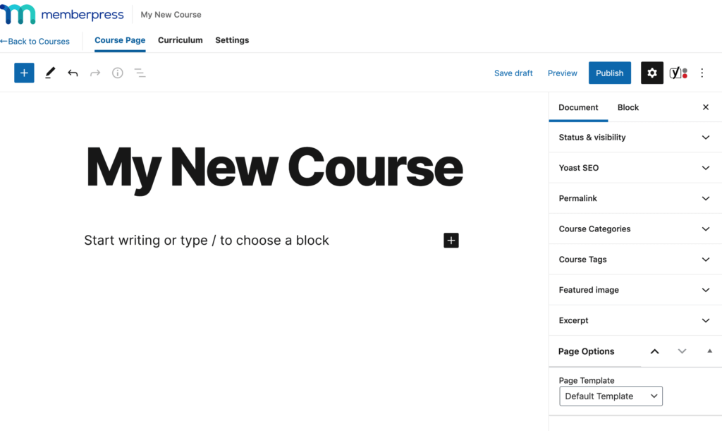 Screenshot of starting a new course in MemberPress