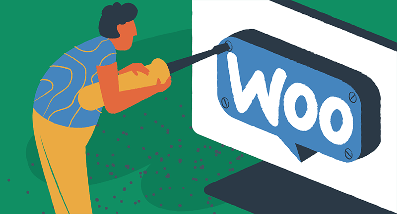 A character mounts the WooCommerce logo on a wall