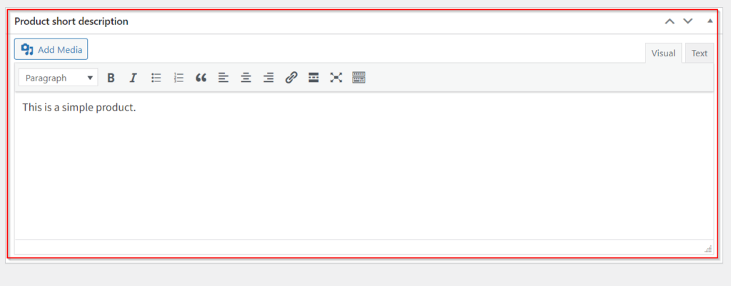 A red box highlights the short description field in WooCommerce