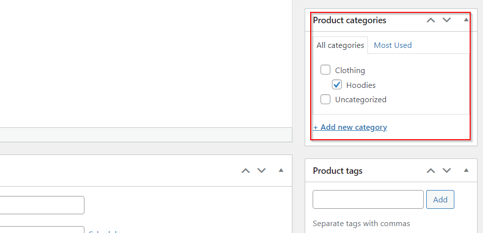 A red box highlights the product category sidebar in WooCommerce