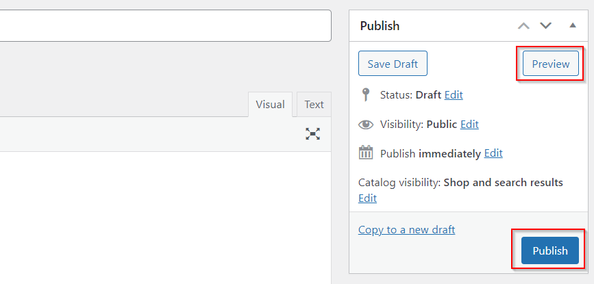 A red box highlights the Preview and Publish buttons in WooCommerce