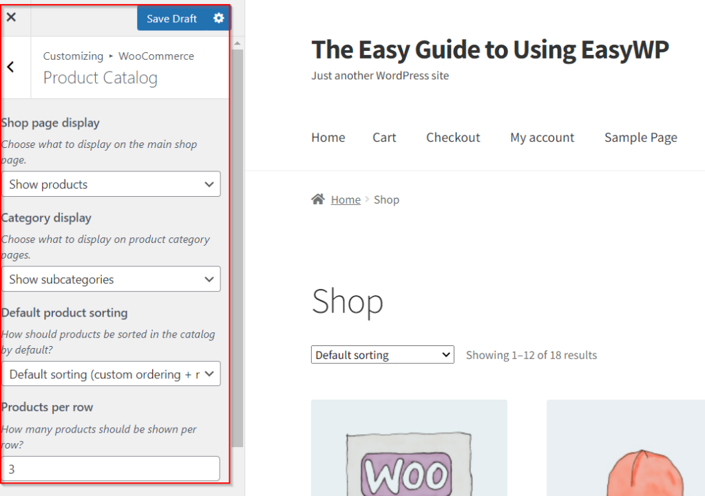 A red box highlights site customization options in WooCommerce
