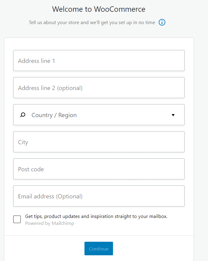 Screenshot of the form required to start setting up WooCommerce