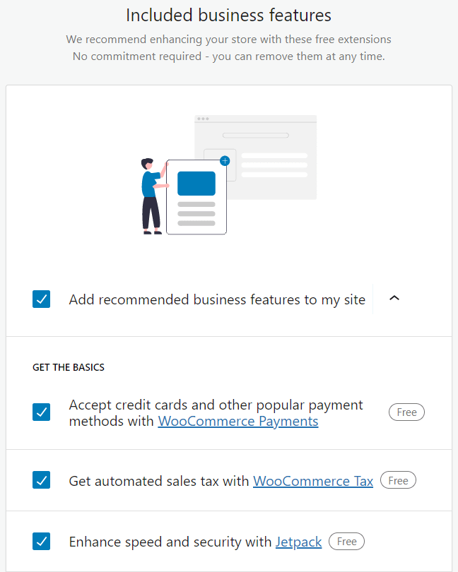 The Business Features checklist in WooCommerce