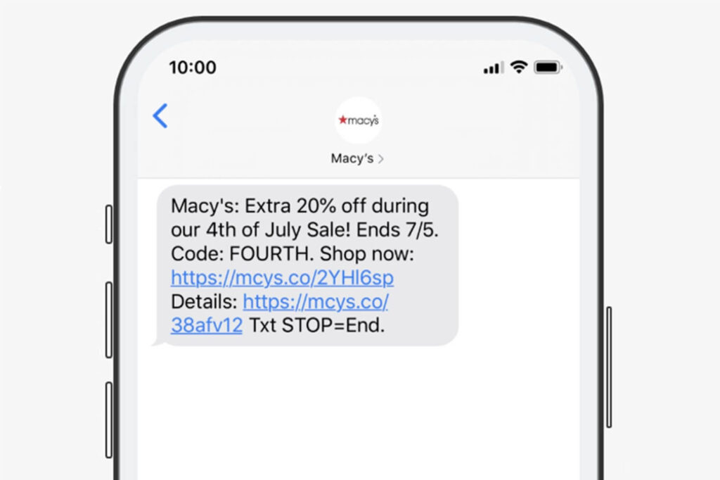 Screenshot on a mobile phone of a promotional message from Macys. 