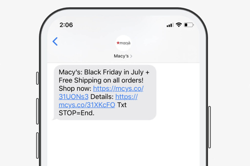 Screenshot on a mobile phone of a promotional message from Macys. 