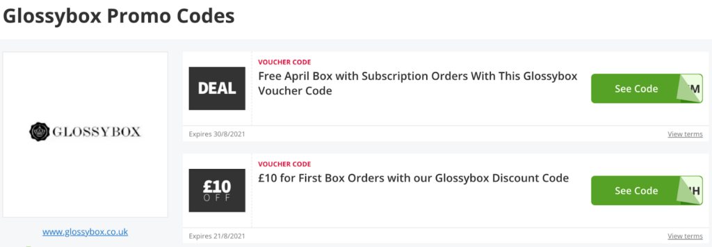 Screenshot of Glossybox promo codes.