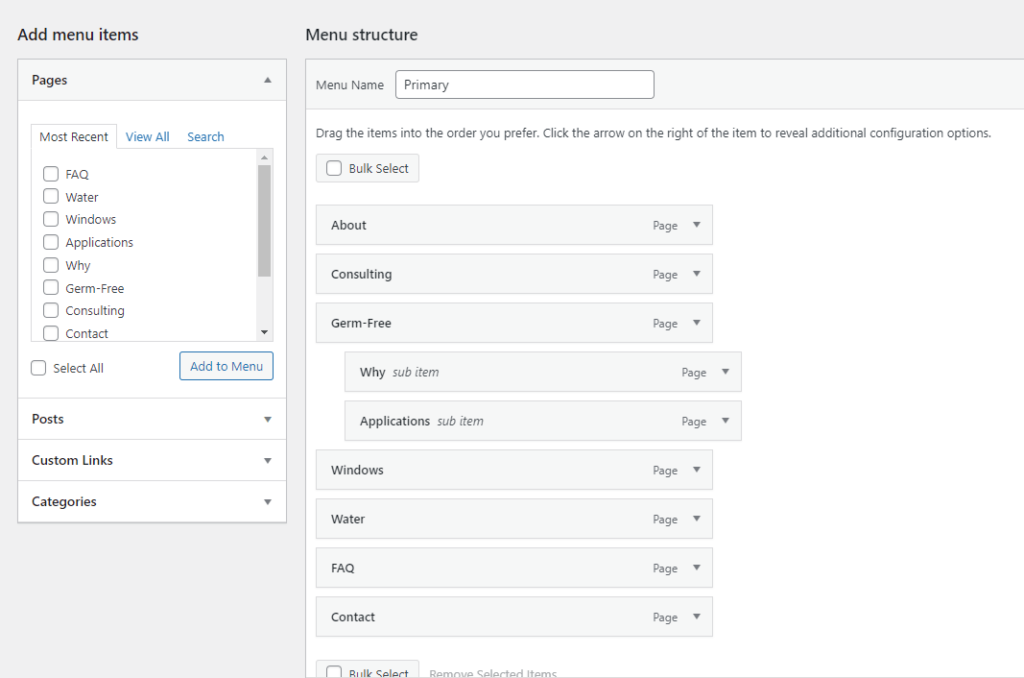 The WordPress menu editor is shown