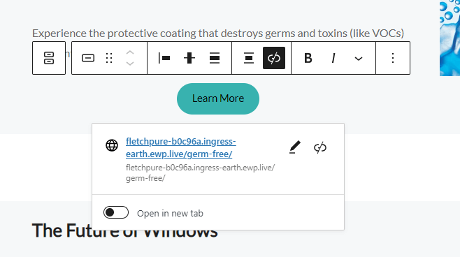 Closeup of the options to edit a button in WordPress