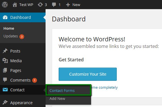 A drop down menu shows how to manage Contact Forms in WordPress