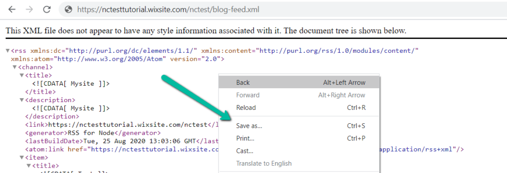 Detailed view of an XML sitemap