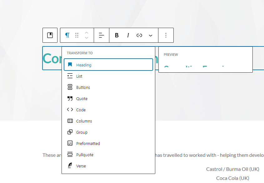 A detailed view of the transform block drop down menu in WordPress