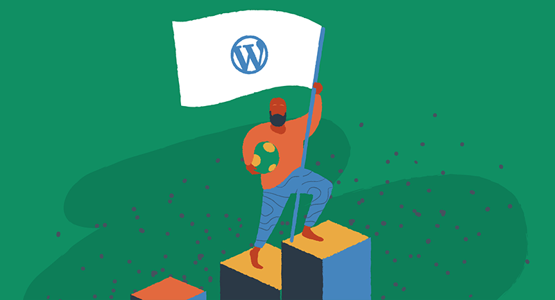 A man stands on a blog with a flag bearing the WordPress logo
