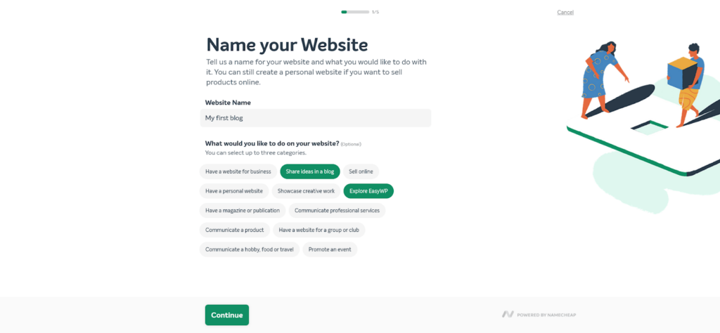 Menu within the EasyWP setup process for naming your site