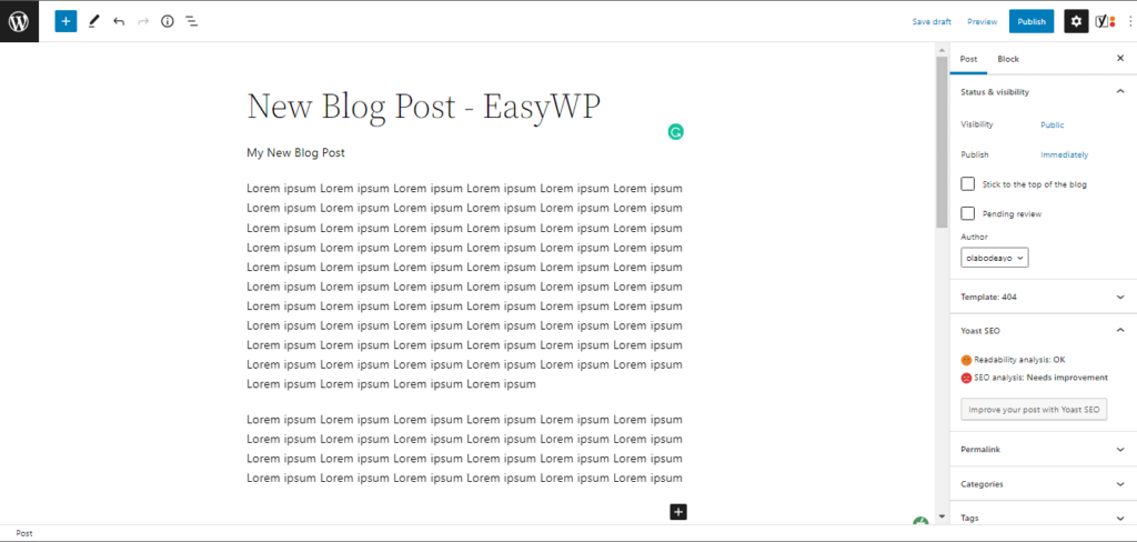 example of the editing screen for a new post in WordPress
