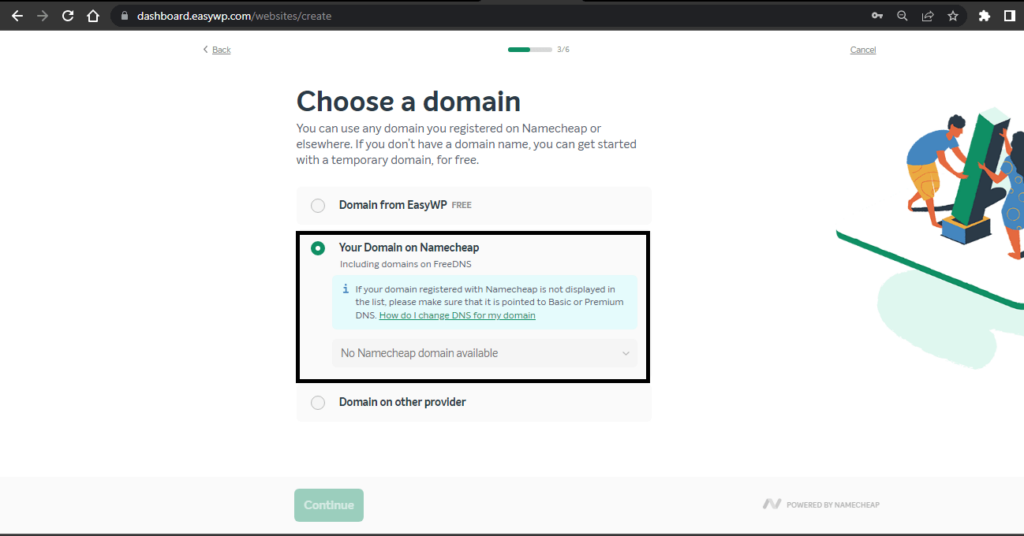 Screen for choosing the right domain option for your blog