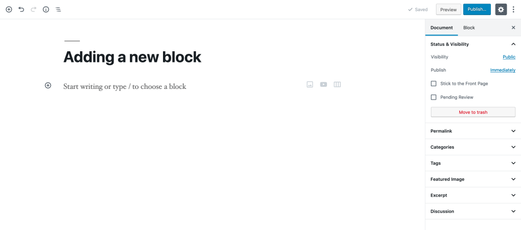 An example of the native Block editor in WordPress when adding a new block. 