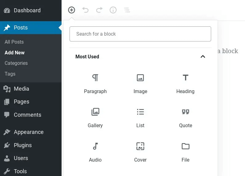 A screenshot of the block options within the WordPress block editor