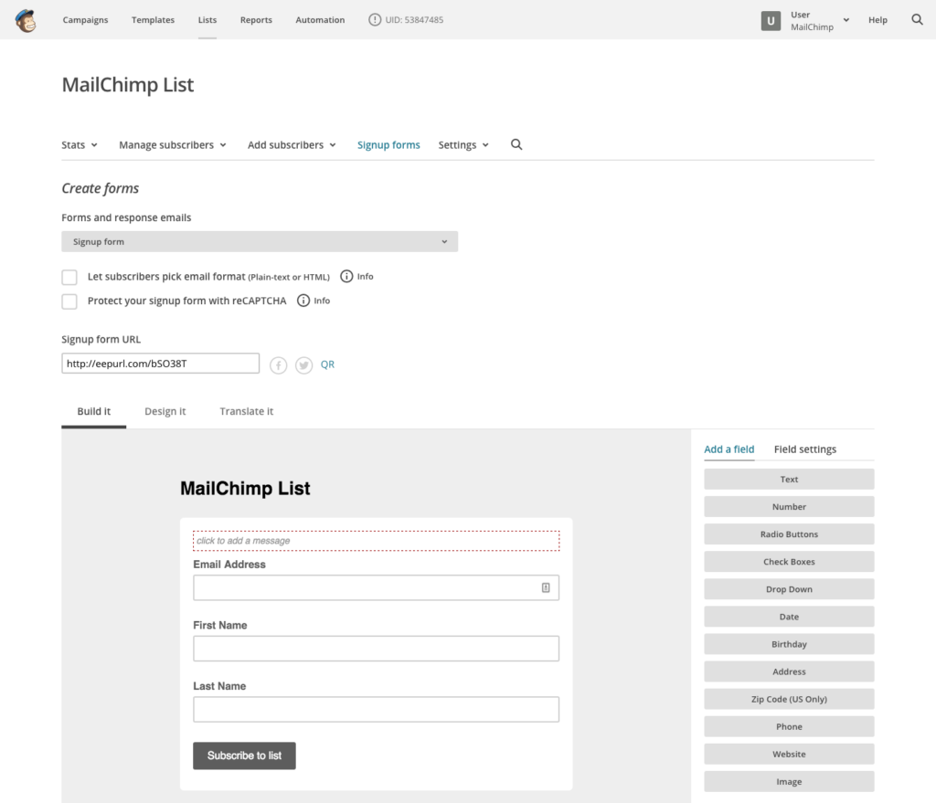 The MailChimp list dashboard for WordPress