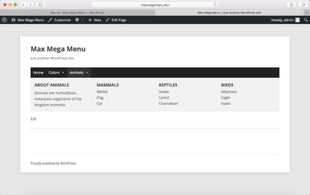 The Max Mega Menu on a WordPress site