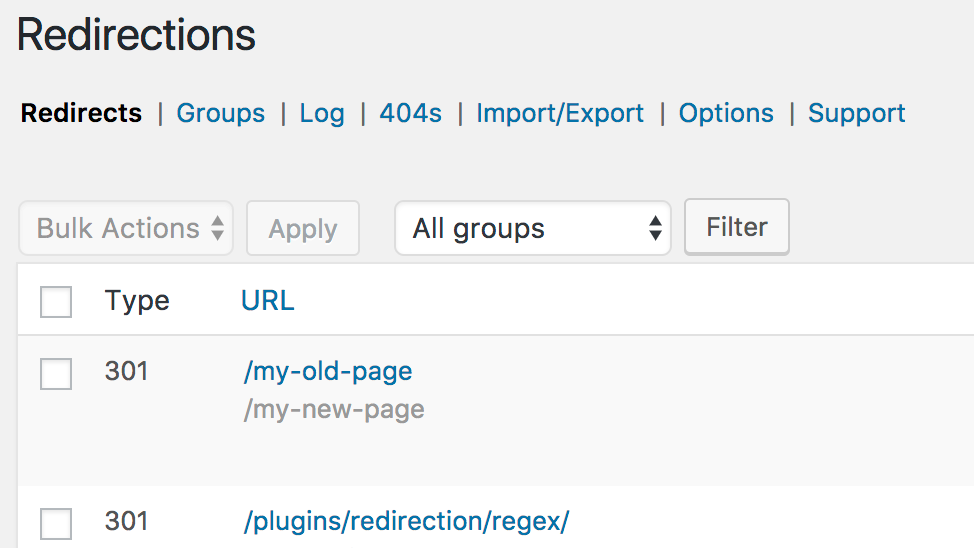  A list of redirections inside the Redirection WordPress plugin settings