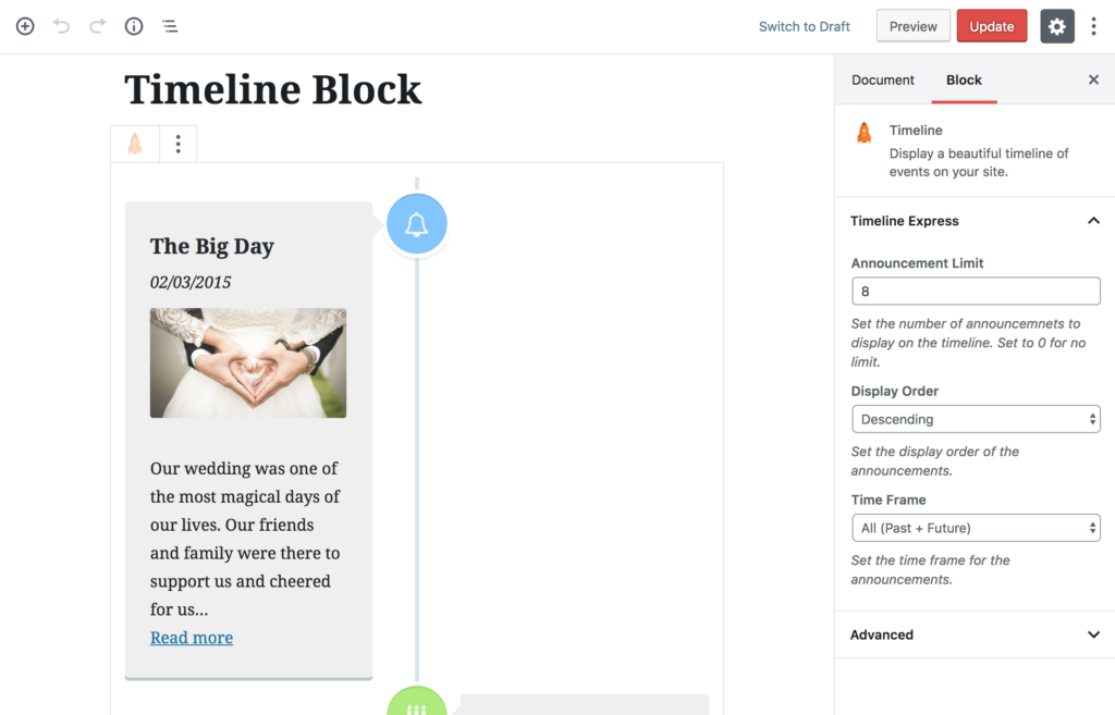 The Timeline Express block in the WordPress editor
