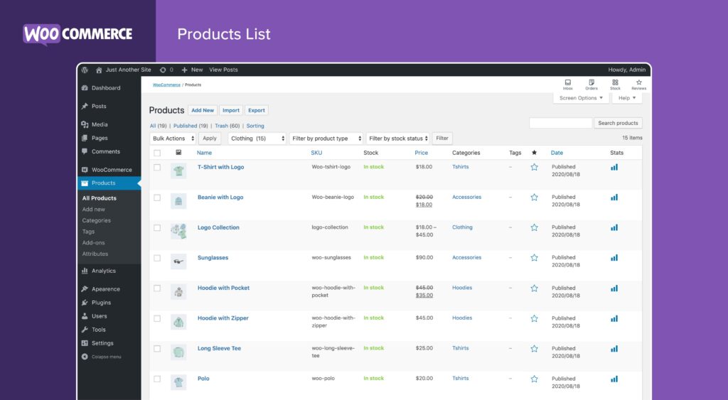The WooCommerce products dashboard
