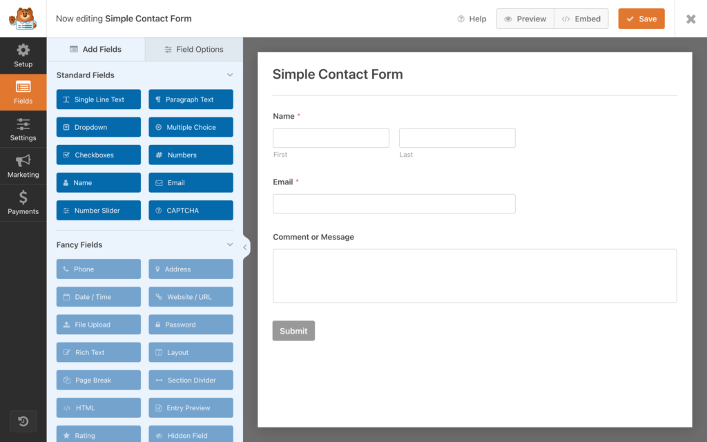 The WP Forms simple contact form builder