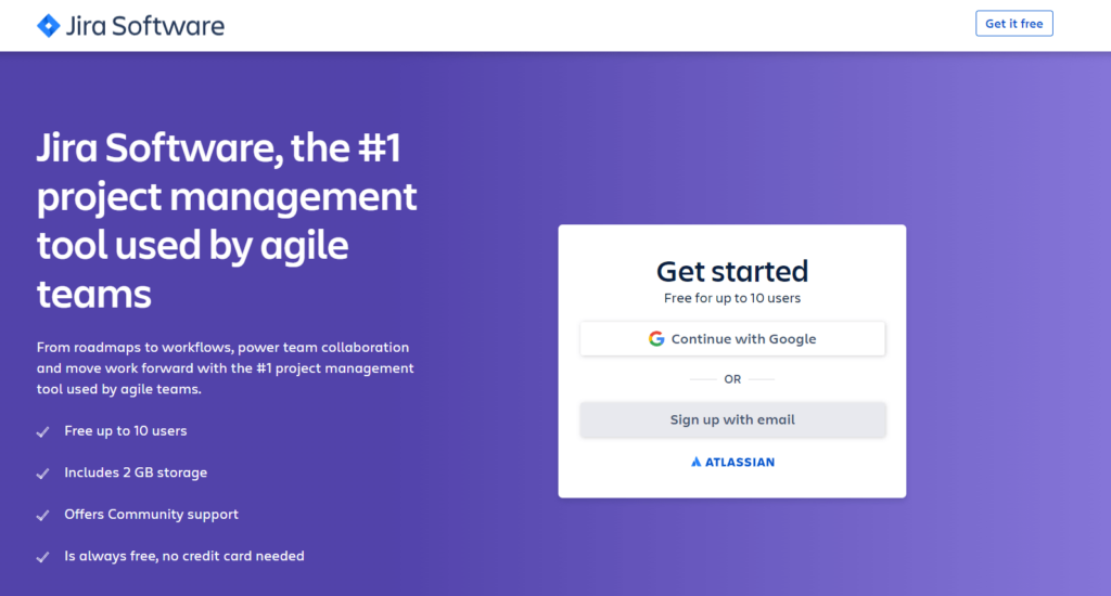 The Jira software landing page