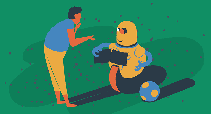 A man talks with a robot