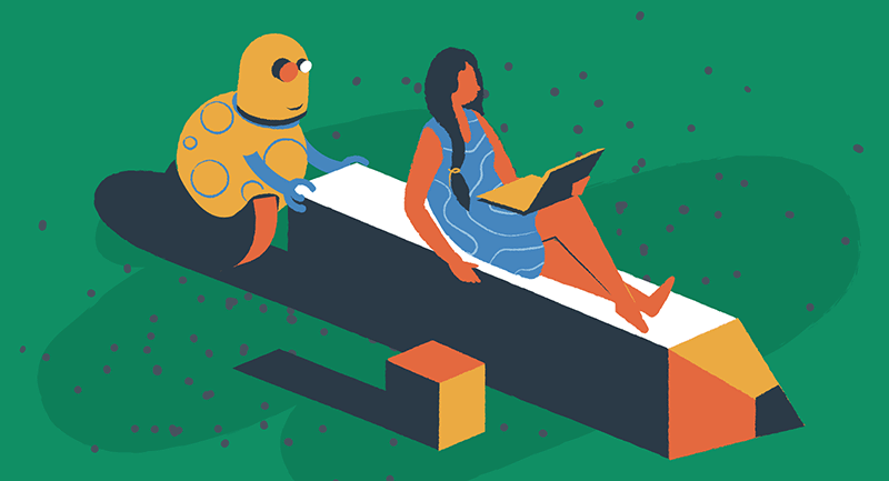 A robot helps a woman write content for WordPress