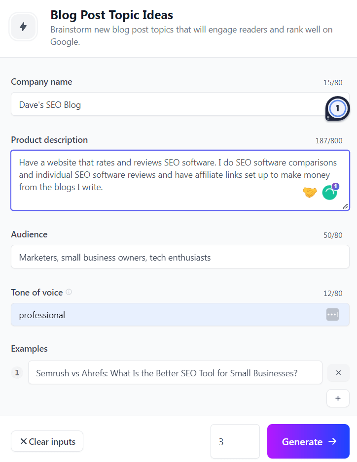 AI writing tool form for Blog Post Topic Ideas