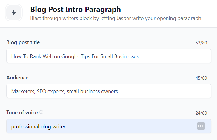 AI writing tool form for Blog Post Intro Paragraphis